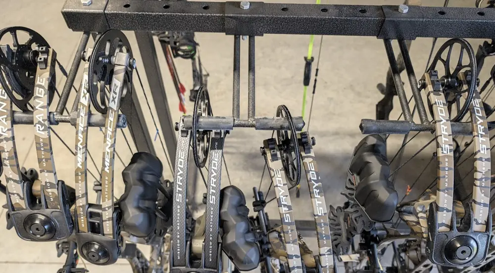 Mission Stryde compound bows displayed at Black Flag Archery