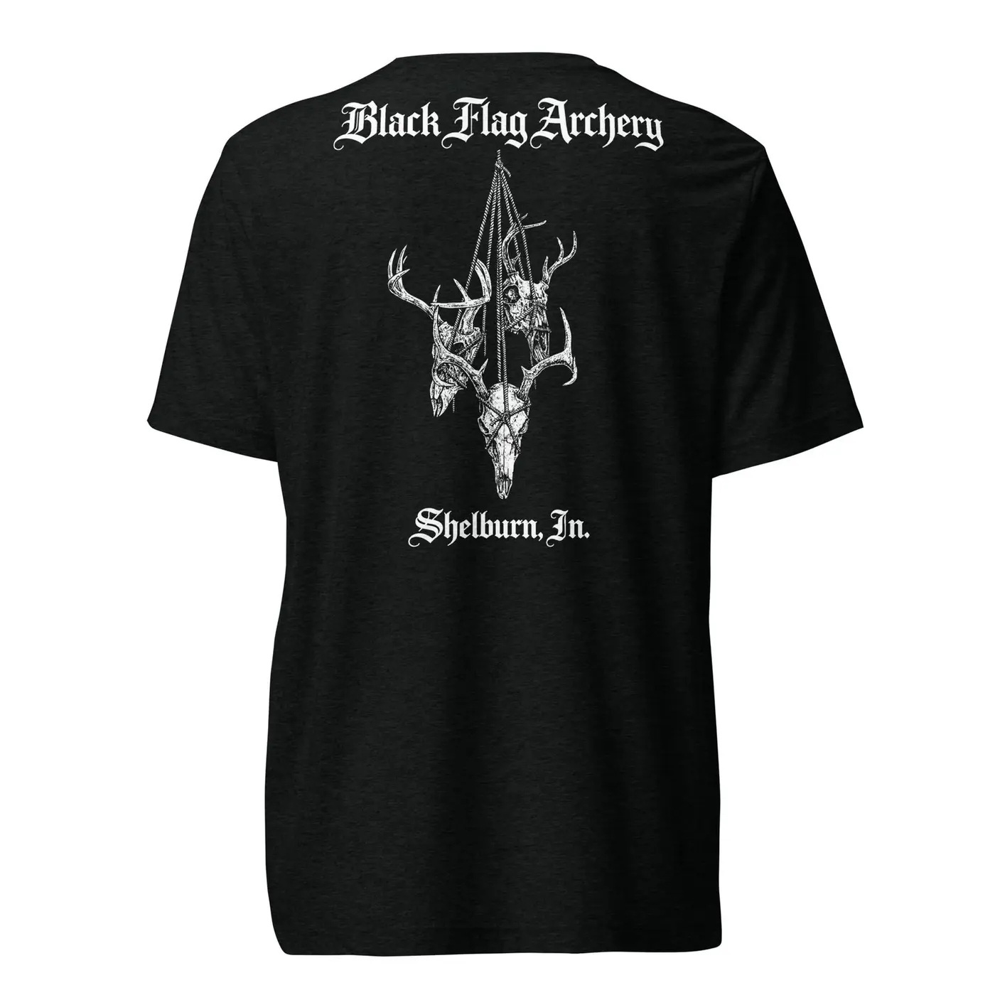 Back of the Black Flag Archery Ropes shirt with deer skull trophies suspended from ropes